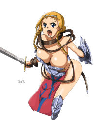 Rule 34 | 00s, 1girl, armor, bad id, bad pixiv id, blonde hair, blue eyes, braid, breasts, buckle, cleavage, exiled warrior leina, highres, large breasts, leina (queen&#039;s blade), leina (queen's blade), maaru, queen&#039;s blade, revealing clothes, solo, sword, twin braids, twintails, weapon