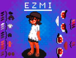 Rule 34 | 1girl, bike shorts, black hair, black hat, black shorts, character name, color guide, colored skin, covered navel, full body, hat, highres, looking at viewer, original, pixel art, red eyes, red skin, sandals, shirt, short hair, short sleeves, shorts, smile, solo, standing, teeth, white shirt, xmias