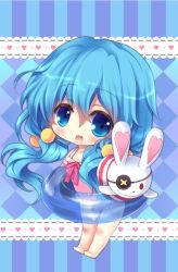 Rule 34 | 10s, 1girl, blue eyes, blue hair, chibi, date a live, hair bobbles, hair ornament, hand puppet, innertube, j.u., long hair, matching hair/eyes, one-piece swimsuit, open mouth, puppet, rabbit, solo, stuffed animal, stuffed toy, swim ring, swimsuit, yoshino (date a live), yoshinon