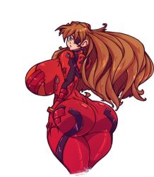Rule 34 | 1girl, adapted costume, alternate breast size, ass, ass focus, ass grab, blue eyes, blush, bodysuit, breasts, curvy, evangelion: 3.0 you can (not) redo, eyepatch, gigantic breasts, grabbing own ass, hair ornament, huge ass, long hair, looking at viewer, looking back, n647, neon genesis evangelion, plugsuit, rebuild of evangelion, shiny clothes, simple background, skin tight, skindentation, solo, souryuu asuka langley, transparent background, two side up, very long hair