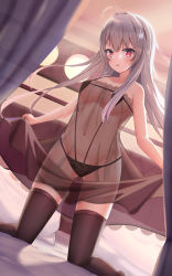 Rule 34 | 1girl, :3, ahoge, bed sheet, black panties, black thighhighs, breasts, commentary request, covered navel, curtains, dress, fuli (user dxkx3245), gluteal fold, grey hair, hair between eyes, hair ornament, hair over shoulder, heart, heart-shaped pupils, highres, indoors, kneeling, lifted by self, light, long hair, looking at viewer, medium breasts, micro bra, navel, open mouth, original, panties, pillow, rabbit hair ornament, red eyes, revealing clothes, see-through, see-through dress, shadow, solo, spread legs, symbol-shaped pupils, thick eyelashes, thighhighs, thighs, underwear
