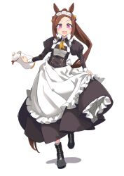 Rule 34 | 1girl, :d, alternate costume, animal ears, apron, blush, boots, brown hair, commentary, enmaided, full body, highres, horse ears, horse girl, long hair, long sleeves, looking at viewer, maid, maid headdress, open mouth, pitcher (container), ponytail, purple eyes, sakura bakushin o (umamusume), simple background, skirt hold, smile, solo, standing, standing on one leg, totomono, umamusume, waist apron, white background