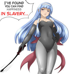 Rule 34 | &gt;:|, 00s, 1girl, :|, angry, bare shoulders, bdsm, black gloves, blue hair, blunt bangs, bow, breasts, closed mouth, covered navel, cowboy shot, cropped legs, dominatrix, elbow gloves, english text, gloves, grey pantyhose, hair tubes, hairband, hand on own hip, happiness in slavery, holding, huyase, kannagi, leotard, long hair, looking down, motion lines, nagi, nine inch nails, pantyhose, purple eyes, riding crop, self-upload, sidelocks, simple background, small breasts, solo, speech bubble, speed lines, standing, v-shaped eyebrows, very long hair, white background