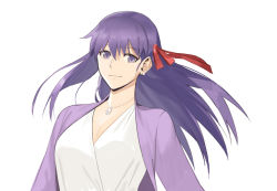 Rule 34 | 1girl, breasts, cleavage, coat, dress, ear piercing, earrings, fate/stay night, fate (series), gomtang, jewelry, long dress, long hair, looking at viewer, matou sakura, necklace, piercing, purple eyes, purple hair, ribbon, simple background, smile, solo, upper body, white background