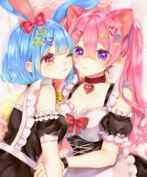Rule 34 | 2girls, :t, ;t, animal ears, apron, bell, black dress, black sleeves, blue hair, bow, breasts, cat ears, cheek-to-cheek, closed mouth, collar, commentary request, detached sleeves, dress, frilled apron, frills, hair ornament, hairclip, heads together, heart, heart collar, heart hair ornament, highres, jingle bell, long hair, maria (maria0304), medium breasts, multiple girls, neck bell, original, pink hair, puffy short sleeves, puffy sleeves, purple eyes, rabbit ears, red bow, red collar, red eyes, short sleeves, sleeveless, sleeveless dress, star (symbol), star hair ornament, twintails, very long hair, white apron, x hair ornament