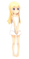 Rule 34 | 1girl, aged down, ana coppola, bare shoulders, barefoot, blonde hair, child, collarbone, dress, feet, female focus, flat chest, full body, hirary, ichigo mashimaro, long hair, simple background, solo, standing, toes, v arms, very long hair, white background