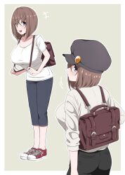 Rule 34 | 1girl, :d, ass, badge, blue pants, border, breasts, briefcase, brown hair, button badge, cabbie hat, capri pants, collarbone, cowboy shot, from behind, full body, grey background, hat, highres, holding strap, ikari manatsu, kamihira mao, large breasts, looking at viewer, looking back, multiple views, no socks, open mouth, original, pants, profile, shirt, shoes, short hair, short sleeves, smile, sneakers, white border, white shirt