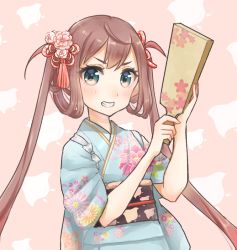 Rule 34 | 10s, asagumo (kancolle), blush, bow, brown hair, cherry print, floral print, flower, food print, grey eyes, grin, hagoita, hair flower, hair ornament, hair rings, japanese clothes, kantai collection, kimono, long hair, looking at viewer, nuno (pppompon), paddle, ribbon, smile, solo, teeth, twintails, very long hair