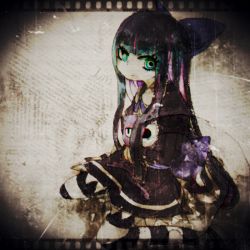 Rule 34 | 10s, 1girl, bow, colored inner hair, female focus, goth fashion, gothic fashion, gothic lolita, green eyes, hair bow, honekoneko, honekoneko (psg), kneeling, lolita fashion, long hair, male focus, multicolored hair, muted color, panty &amp; stocking with garterbelt, sepia, solo, stocking (psg), striped clothes, striped thighhighs, stuffed animal, stuffed toy, thighhighs, umanisi, very long hair