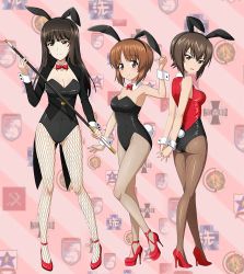 Rule 34 | 3girls, anzio (emblem), arms behind back, breasts, brown eyes, brown hair, rabbit tail, cleavage, detached collar, emblem, fishnets, girls und panzer, gluteal fold, haiiro purin, hair between eyes, high heels, kuromorimine (emblem), large breasts, long hair, looking at viewer, medium breasts, multiple girls, nishizumi maho, nishizumi miho, nishizumi shiho, pantyhose, playboy bunny, pravda (emblem), red footwear, saunders (emblem), short hair, smile, st. gloriana&#039;s (emblem), standing, standing on one leg, striped, striped background, tail, thighs, wrist cuffs
