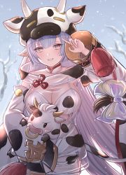 Rule 34 | 1girl, absurdres, animal, animal print, blue hair, breasts, catura (granblue fantasy), commentary request, cow, cow hood, cow print, detached sleeves, draph, granblue fantasy, highres, holding, holding animal, large breasts, long hair, multicolored hair, pink eyes, pink hair, revision, see-through, smile, snow, solo, takanishi takashi, thick eyebrows