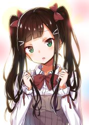 Rule 34 | 10s, 1girl, alternate hairstyle, commentary request, engawa (rarenago), green eyes, hair ribbon, highres, holding, holding hair, kurosawa dia, looking at viewer, love live!, love live! school idol project, love live! sunshine!!, mole, mole under mouth, ribbon, school uniform, solo, twintails, twintails day