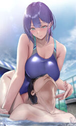 Rule 34 | 1boy, 1girl, absurdres, bare arms, bare shoulders, black hair, blue hair, blue one-piece swimsuit, blush, breasts, chain-link fence, cleavage, collarbone, colored inner hair, commentary request, fence, gentsuki, highleg, highleg swimsuit, highres, large breasts, multicolored hair, one-piece swimsuit, original, outdoors, parted lips, pool, purple hair, smile, swimsuit, water