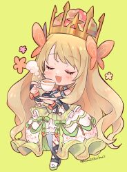 Rule 34 | bow, butterfly hair ornament, celine (fire emblem), cross-laced clothes, cross-laced dress, crown, cup, dress, dress bow, fire emblem, fire emblem engage, hair ornament, highres, hino222hikari, holding, holding cup, nintendo, orange bow, orange gemstone, orange wristband, princess, teacup, wrist bow, yellow dress