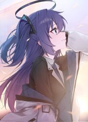Rule 34 | 1girl, black halo, black shirt, blue archive, blue eyes, blue necktie, collared shirt, from side, halo, highres, huhi (huhi 1211), jacket, jacket partially removed, looking up, mechanical halo, necktie, purple hair, shirt, triangle hair ornament, two-sided fabric, two-sided jacket, two side up, upper body, yuuka (blue archive)