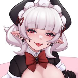 Rule 34 | 1girl, black gloves, black horns, blush, bow, bowtie, breasts, cheek piercing, commentary, demon girl, demon horns, earrings, freckles, gloves, grey hair, half-closed eyes, horns, jewelry, lilith (shellvi), looking at viewer, maid headdress, medium hair, original, pointy ears, puffy short sleeves, puffy sleeves, red bow, red bowtie, red eyes, shellvi, short sleeves, smile, solo, thick eyebrows, tongue, tongue out, white background