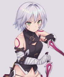 Rule 34 | 1girl, bandaged arm, bandages, belt, black gloves, closed mouth, dagger, dual wielding, facial scar, fate/apocrypha, fate (series), fingerless gloves, gloves, green eyes, grey background, highres, holding, holding weapon, itachi kanade, jack the ripper (fate/apocrypha), knife, looking at viewer, navel, reverse grip, scar, scar across eye, scar on cheek, scar on face, short hair, silver hair, simple background, single fingerless glove, single glove, solo, upper body, vest, weapon