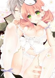 Rule 34 | 10s, 1boy, 1girl, amiko (frostedchocolate), atelier (series), atelier escha &amp; logy, bad id, bad pixiv id, bow, breasts, cameltoe, cleavage, couple, escha malier, finger to mouth, green eyes, hair bow, hat, hetero, large breasts, logix ficsario, navel, nipple slip, nipples, orange hair, panties, silver hair, thighhighs, underwear