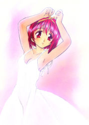 Rule 34 | 1girl, armpits, arms up, blush, breasts, cleavage, dress, female focus, gradient background, hair ribbon, hairband, kamigishi akari, looking at viewer, medium breasts, morimi ashita, pink background, red eyes, red hair, ribbon, short hair, sleeveless, sleeveless dress, smile, solo, standing, to heart, to heart (series), white dress, yellow ribbon