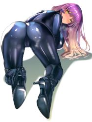 1girl, alternate costume, ass, banned artist, black bodysuit, blonde hair, blush, bodysuit, boots, breasts, cleft of venus, erect nipples, fat mons, from behind, gradient hair, hanging breasts, heavy breathing, high heel boots, high heels, hijiri byakuren, huge breasts, knee boots, labia, long hair, looking at viewer, looking back, multicolored hair, nose blush, parted lips, poko (mammypoko), purple hair, reflective eyes, shiny, shiny clothes, shiny hair, shoe soles, skin tight, solo, steaming body, touhou, yellow eyes