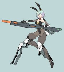 Rule 34 | 1girl, absurdres, black gloves, black leotard, blue background, blue eyes, blue hair, boots, breasts, cleavage, elbow gloves, gloves, gun, highres, holding, holding gun, holding weapon, ishiyumi, leotard, mecha musume, medium breasts, armored boots, metal gloves, original, pantyhose, playboy bunny, science fiction, short hair, solo, thigh boots, thighhighs, v-shaped eyebrows, weapon