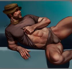 Rule 34 | 1boy, abs, absurdres, bara, beard, black hair, black male underwear, black shirt, briefs, bulge, call of duty, call of duty: modern warfare 2, captain price, character name, closed eyes, clothes lift, facial hair, hat, highres, large pectorals, lying, male focus, male underwear, mature male, muscular, muscular male, navel, on side, pectorals, sasha shkret, shirt, shirt lift, short hair, solo, thick thighs, thighs, underwear
