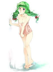 Rule 34 | 1girl, bare shoulders, blush, braid, breasts, cleavage, glasses, green hair, highres, long hair, naked towel, open mouth, philia felice, purple eyes, shoes, tales of (series), tales of destiny, towel