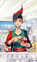 Rule 34 | 1boy, can, convenience store, destiny child, drink can, game cg, hood, hoodie, master (destiny child), non-web source, official art, red eyes, shop, soda can
