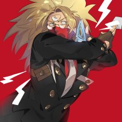 Rule 34 | 1boy, answer (guilty gear), big hair, black jacket, blonde hair, brown gloves, business card, covered mouth, facial mark, fingerless gloves, forehead mark, gloves, grey necktie, guilty gear, guilty gear xrd, highres, jacket, long hair, long sleeves, luci omi gusu, male focus, necktie, parted bangs, ponytail, red background, red shirt, semi-rimless eyewear, shirt, simple background, upper body