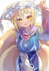 Rule 34 | 1girl, animal hat, arm up, blonde hair, blurry, blush, breasts, depth of field, dress, fox tail, frills, hat, heart, highres, ibaraki natou, large breasts, light smile, long sleeves, looking at viewer, mob cap, multiple tails, open mouth, short hair, solo, tabard, tail, touhou, white dress, wide sleeves, yakumo ran, yellow eyes
