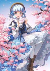 Rule 34 | 1girl, artist name, ayaka (genshin impact), back bow, blue bow, blue bowtie, blue dress, blue eyes, blue hair, blunt bangs, blunt tresses, bow, bowtie, braid, breasts, bug, butterfly, butterfly hair ornament, cherry blossoms, collar, commentary, cross-laced footwear, dress, english text, flower, genshin impact, hair flower, hair ornament, hand up, hat, hat ribbon, high collar, highres, holding, holding letter, insect, kamisato ayaka, kamisato ayaka (springbloom missive), letter, light blue hair, long sleeves, looking at viewer, medium breasts, mole, mole under eye, nyanya, official alternate costume, official alternate hairstyle, outdoors, pantyhose, parted lips, puffy long sleeves, puffy sleeves, ribbon, sitting, smile, solo, white collar, white pantyhose, white ribbon