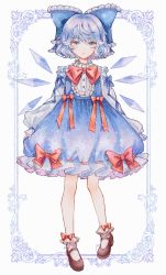 Rule 34 | 1girl, adapted costume, blue bow, blue dress, blue eyes, blue hair, bow, bowtie, cirno, dress, embellished costume, frills, full body, hair bow, hourai kiriri, ice, ice wings, looking at viewer, puffy sleeves, red bow, shoes, short hair, socks, solo, standing, touhou, white socks, wings