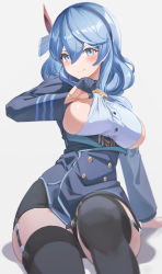 Rule 34 | 1girl, :t, ako (blue archive), bell, black gloves, black hairband, black skirt, black thighhighs, blue archive, blue coat, blue eyes, blue hair, blush, breasts, closed mouth, clothes lift, coat, cowbell, garter straps, gloves, hairband, highres, large breasts, long hair, long sleeves, miniskirt, neck bell, pout, reulem, shirt, shirt lift, sideboob, sitting, skirt, smile, solo, thighhighs, v-shaped eyebrows, white shirt