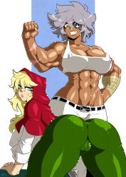 Rule 34 | 2girls, abs, annoyed, ass, bandaged arm, bandages, blonde hair, blue eyes, breasts, cameltoe, capelet, cleavage, cleft of venus, covered erect nipples, crotch, dark-skinned female, dark skin, debonair diamond, eyepatch, from behind, green pants, grey hair, grimm (red hood), highres, hood, hood up, hooded capelet, huge ass, large breasts, long hair, looking at viewer, looking back, mad-project, mature female, midriff, multiple girls, muscular, muscular female, navel, pants, pout, red capelet, red hood, red hood (kawaguchi), scar, scar on arm, scar on stomach, shiny skin, shirt, short hair, skin tight, smile, sports bra, tan, thick thighs, thighs, tight clothes, tight pants, white pants, white shirt, yellow eyes