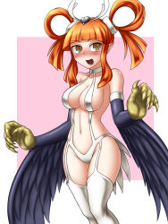 Rule 34 | 1girl, animal hands, bare shoulders, black wings, blush, breasts, claws, duel monster, feathered wings, feathers, hair rings, harpie channeler, harpy, long hair, medium breasts, monster girl, navel, open mouth, orange eyes, orange hair, pataneet, pointy ears, revealing clothes, slingshot swimsuit, solo, swimsuit, thighhighs, twintails, white thighhighs, winged arms, wings, yellow eyes, yu-gi-oh!