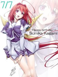 Rule 34 | 1girl, ahoge, bad id, bad twitter id, blush, bow, breasts, character name, commentary request, dated, dutch angle, hair bow, hair intakes, hands on own thighs, happy birthday, kagami sumika, large bow, long hair, long sleeves, looking at viewer, low ponytail, muv-luv, open mouth, ponytail, red eyes, red hair, school uniform, skirt, smile, solo, soyosoyo, standing, teeth, text focus, very long hair, zoom layer