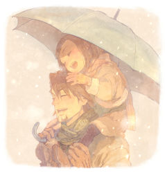 Rule 34 | 10s, 1boy, 1girl, age difference, bad id, bad pixiv id, blush, braid, braided bangs, brown hair, carrying, coat, facial hair, father and daughter, gloves, holding, holding umbrella, kaburagi kaede, kaburagi t. kotetsu, pale color, pon (cielo), scarf, short hair, shoulder carry, snowing, stubble, tiger &amp; bunny, umbrella