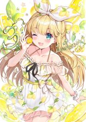 Rule 34 | 1girl, ;d, akabane (zebrasmise), anniversary, bare shoulders, black ribbon, blonde hair, blue eyes, blush, bow, braid, collarbone, commentary request, dress, food, fruit, hair ribbon, hand up, highres, holding, holding food, lemon, lemon print, lemon slice, mononobe alice, nijisanji, off-shoulder dress, off shoulder, one eye closed, one side up, open mouth, print dress, print ribbon, ribbon, smile, solo, virtual youtuber, white bow, white dress, white wings, wings, wrist cuffs