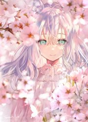 Rule 34 | 1girl, blunt bangs, bug, butterfly, cherry blossoms, day, dress, floating hair, flower, glowing butterfly, green eyes, hair down, highres, insect, light rays, light smile, looking at viewer, original, pink flower, samo cha, smile, solo, upper body, wavy hair, white dress