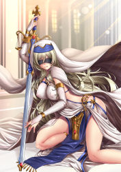 Rule 34 | 10s, 1girl, adsouto, anklet, artist name, balance scale, bare legs, blindfold, blonde hair, blurry, blurry background, bracelet, breasts, bridal gauntlets, cape, covered erect nipples, depth of field, dress, gloves, goblin slayer!, highres, holding, holding sword, holding weapon, impossible clothes, impossible dress, jewelry, kneeling, large breasts, lens flare, long hair, necklace, nipples, no bra, parted lips, pelvic curtain, perky breasts, revealing clothes, see-through, solo, sword, sword maiden, veil, very long hair, weapon, weighing scale, white cape, white dress, white gloves