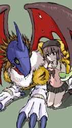 Rule 34 | 1girl, 1other, claws, digimon, digimon (creature), griffomon, highres, skirt