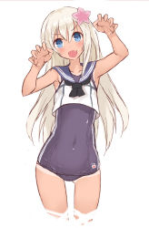 Rule 34 | 10s, 1girl, blonde hair, blue eyes, blush, crop top, fang, flower, goekawa, hair flower, hair ornament, kantai collection, long hair, looking at viewer, navel, one-piece swimsuit, one-piece tan, open mouth, ro-500 (kancolle), sailor collar, school swimsuit, smile, solo, swimsuit, swimsuit under clothes, tan, tanline