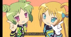 Rule 34 | 2girls, blonde hair, blue bow, blue eyes, blue jacket, bow, commentary request, cone hair bun, derivative work, double bun, fukuhara ann, gloves, green hair, green jacket, hair bun, hand up, index finger raised, jacket, katupuraamen, long hair, looking at viewer, lucky star, morizono wakana, multiple girls, open mouth, parody, pink eyes, pretty rhythm, pretty rhythm rainbow live, pretty series, short hair, side ponytail, smile, style parody, translation request, upper body, white gloves