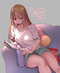 Rule 34 | 1girl, agawa ryou, aqua shorts, artist name, blouse, book, breasts, brown eyes, collarbone, commentary, couch, cushion, dated, eating, english commentary, feet out of frame, food, grey background, hair between eyes, holding, holding book, light brown hair, long hair, looking at viewer, medium breasts, numbered, original, shirt, short sleeves, shorts, sidelocks, simple background, sitting, solo, straight hair, tsurime, v-shaped eyebrows, white shirt