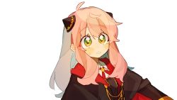 Rule 34 | 1girl, aged up, ahoge, anya (spy x family), blush, cape, eden academy school uniform, green eyes, hairpods, highres, long hair, long sleeves, open mouth, parted lips, pink hair, school uniform, simple background, spy x family, sweatdrop, white background, yingwdcp999