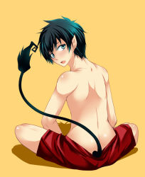 Rule 34 | ao no exorcist, blue eyes, blue hair, blush, from behind, male focus, okumura rin, open mouth, pointy ears, topless male, tail