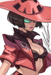 Rule 34 | 1girl, absurdres, black hair, bob cut, breasts, cleavage, green-tinted eyewear, green-tinted glasses, guilty gear, guilty gear strive, hat, highres, i-no, jacket, large breasts, red jacket, short hair, sunglasses, tinted eyewear, venus symbol, very short hair