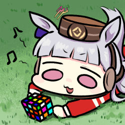 Rule 34 | 1girl, animal ears, bandages, brown headwear, gold ship (umamusume), grass, horse ears, horse girl, horse tail, jacket, jazz jack, long hair, long sleeves, lowres, lying, musical note, on side, open clothes, open mouth, outdoors, purple hair, red jacket, rubik&#039;s cube, solo, spoken musical note, tail, track jacket, track uniform, umamusume