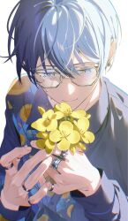 Rule 34 | 1boy, aoyagi touya, bespectacled, blue hair, buttons, closed mouth, commentary request, dark blue hair, earrings, fingernails, flower, glasses, grey eyes, hanada 09, highres, holding, holding flower, jewelry, long sleeves, male focus, mole, mole under eye, multicolored hair, official alternate costume, project sekai, ring, short hair, simple background, solo, split-color hair, tears, two-tone hair, upper body, white background, yellow flower