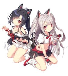 Rule 34 | 2girls, :3, animal ears, azur lane, bare shoulders, between legs, black hair, black shirt, black skirt, braid, breasts, claw pose, cleavage, collarbone, crop top, dog tail, fake animal ears, highres, icomochi, long hair, looking at viewer, loose socks, medium breasts, midriff, miniskirt, multicolored nails, multiple girls, nail polish, navel, off shoulder, open mouth, pleated skirt, ponytail, red eyes, red ribbon, ribbon, shigure (azur lane), shirt, shoes, silver hair, skirt, slit pupils, socks, stomach, tail, tattoo, thick eyebrows, thighs, two side up, underboob, v-shaped eyebrows, very long hair, white background, white legwear, white shirt, white skirt, wolf tail, yuudachi (azur lane)